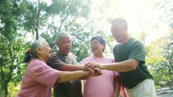 Wesoła Grupa Azjatyckich Starszych Emerytów Którzy Dobrym Zdrowiu Połączyć Ręce — Wideo stockowe