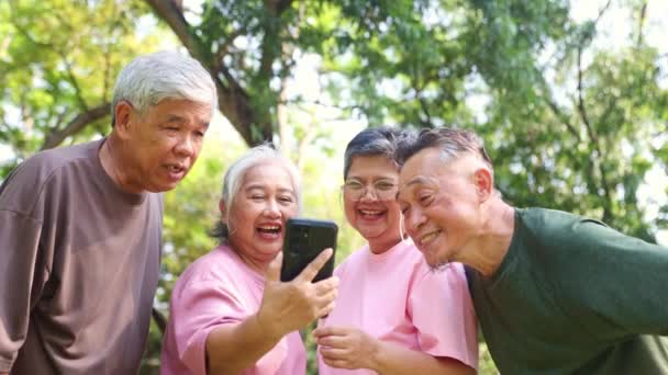 Gruppe Vier Gesunde Asiatische Rentner Stehen Gespannt Und Schauen Neugierig — Stockvideo