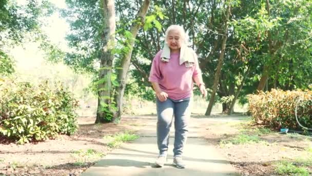 老年妇女灰白的头发在公园里散步和慢跑时 突然膝痛骨头关节疼痛骨关节炎 不得不停止跑步 以温和的按摩缓解症状 — 图库视频影像