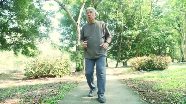 Uomo Anziano Che Allena Nel Parco Camminando Sul Pavimento Cemento — Video Stock