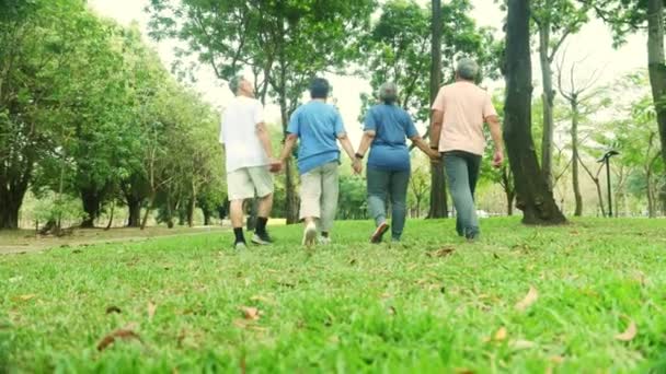 Vier Ältere Asiatische Rentner Die Händchenhaltend Langsam Durch Den Park — Stockvideo