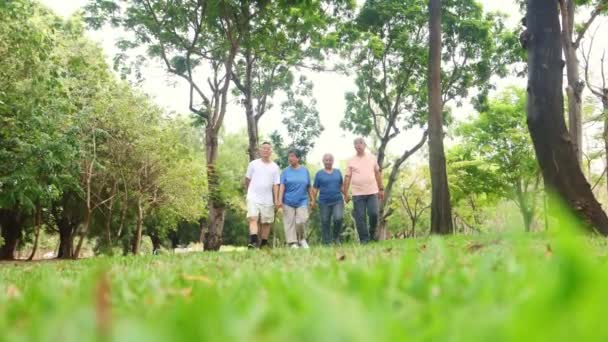 Grupa Czterech Starszych Azjatyckich Emerytów Trzymających Się Ręce Powoli Ćwiczyła — Wideo stockowe