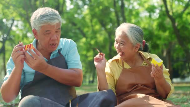 Spaß Und Geplänkel Ältere Paare Sitzen Gras Garten Genießen Das — Stockvideo