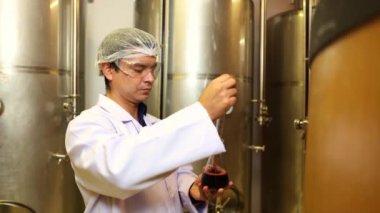 Erkek kırmızı şarap uzmanı meşe fıçılarından rastgele kırmızı şarap örneği alıyor ve fabrikanın deposundaki kaliteyi ve standartları kontrol etmek için kırmızı şarabın rengini borulara koyuyor..