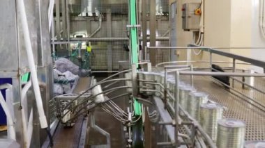 İçinde uskumru dolu alüminyum teneke kutular ve temiz kapaklar modern bir konserve fabrikasının temizliği için sıcak su temizleme noktasına bir taşıyıcı bant ile taşınır..