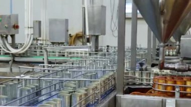 Domates sosu paketlemek için konserve uskumru konservesi ve otomatikman konserve kutusu modern konserve fabrikasındaki kaliteli üretim sürecinde kadın işçiler üretimi kontrol ediyor..
