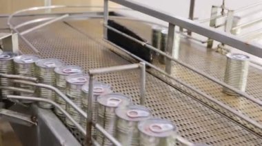 İçinde uskumru dolu alüminyum teneke kutular ve temiz kapaklar modern bir konserve fabrikasının temizliği için sıcak su temizleme noktasına bir taşıyıcı bant ile taşınır..