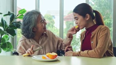 Yaşlı bir anne ile yetişkin kızının sağlıklı meyve yediği bir an. Yaşlı anne, kızının mutlu bir şekilde yemesi için hurma soymak için bıçak kullanır..