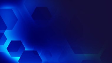 Altıgen geometrik mavi beyaz renkli neon ışık desenli karanlık arka plan. Soyut grafik tasarım dijital blok zinciri ve bilim konsepti.