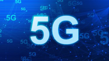 5G Ağ İnternet Mobil ikonu teknolojisi mavi arkaplan. Dijital gelecek tasarım kavramına sahip soyut dijital makine öğrenimi. 