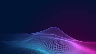 Nokta mavi mor dalga çizgisi, ışık eğimli koyu arkaplan. Soyut teknoloji büyük veri dijital arkaplanı. 3d oluşturma.
