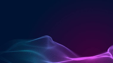 Nokta mavi mor dalga çizgisi, ışık eğimli koyu arkaplan. Soyut teknoloji büyük veri dijital arkaplanı. 3d oluşturma.