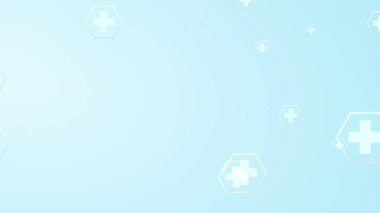 Altıgen geometrik beyaz desenli mavi arka planda parlak tıbbi desen. Soyut grafik tasarım teknolojisi ve bilim konsepti.