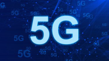 5G Ağ İnternet Mobil ikonu teknolojisi mavi arkaplan. Dijital gelecek tasarım kavramına sahip soyut dijital makine öğrenimi. 