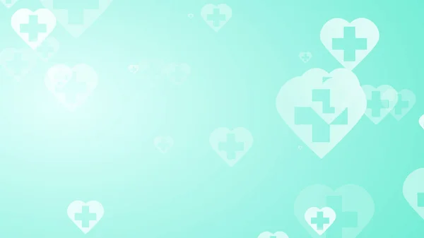 Medical health green blue cross on hearts pattern background. Abstract healthcare technology and science concept.