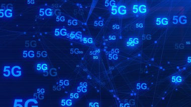 5G Ağ İnternet Mobil ikonu teknolojisi mavi arkaplan. Dijital gelecek tasarım kavramına sahip soyut dijital makine öğrenimi. 