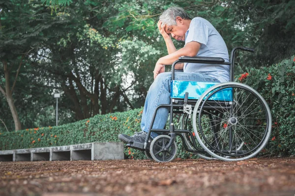 Anciano Asiático Sentado Una Silla Ruedas Parque Tiene Síntomas Depresión — Foto de Stock