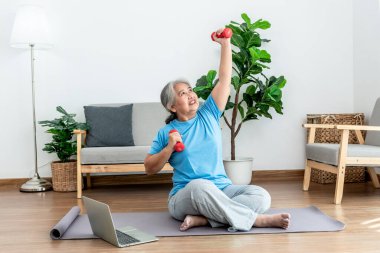 Asian elderly woman doing exercise at home by stretching the arm muscles and using a dumbbell as an exercise aid, to people retirement age and health care concept.