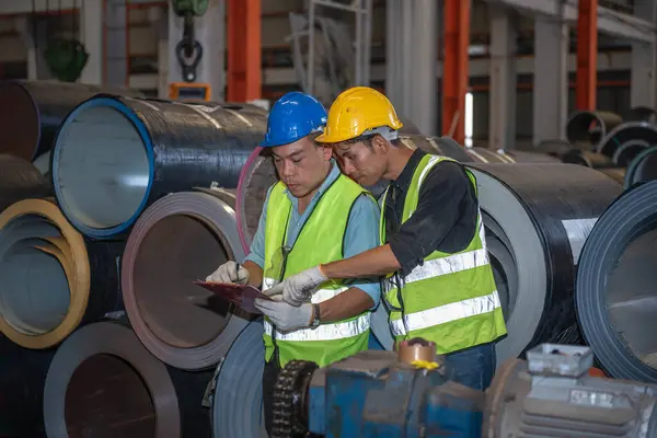 Two Asian handymen working together Providing advice and planning for working together in industrial plants