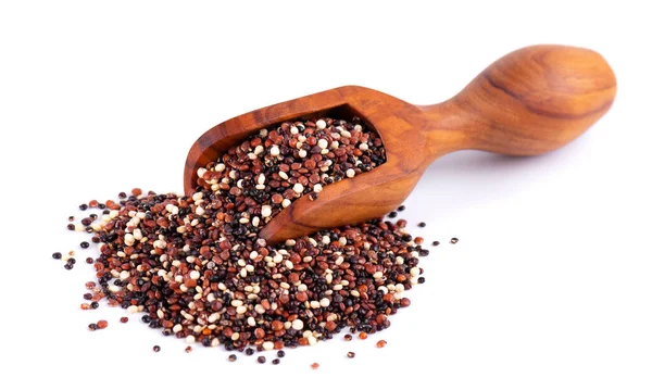Quinoa Frön Trä Sked Isolerad Vit Bakgrund Blandning Vit Röd — Stockfoto