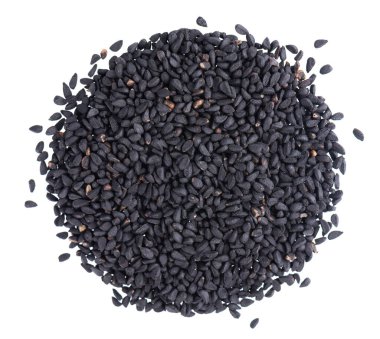Beyaz arka planda siyah kimyon tohumları. Bir yığın siyah nigella tohumu. Nigella sativa. Üst görünüm