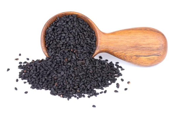 Black Cumin Seeds Wooden Spoon Isolated White Background Heap Black 图库照片
