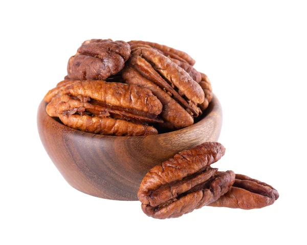 Pecan Nuts Wooden Bowl Isolated White Background Shelled Pecan Clipping — Stock Photo, Image