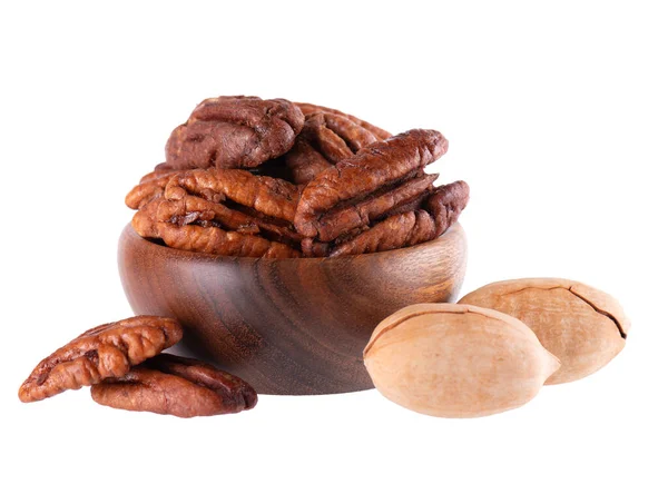 Pecan Nuts Wooden Bowl Isolated White Background Shelled Unshelled Pecan — Stock Photo, Image