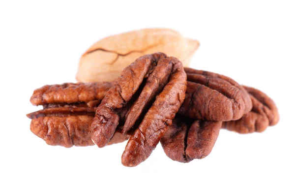 Pecan Nuts Isolated White Background Shelled Unshelled Pecan Clipping Path — Stock Photo, Image