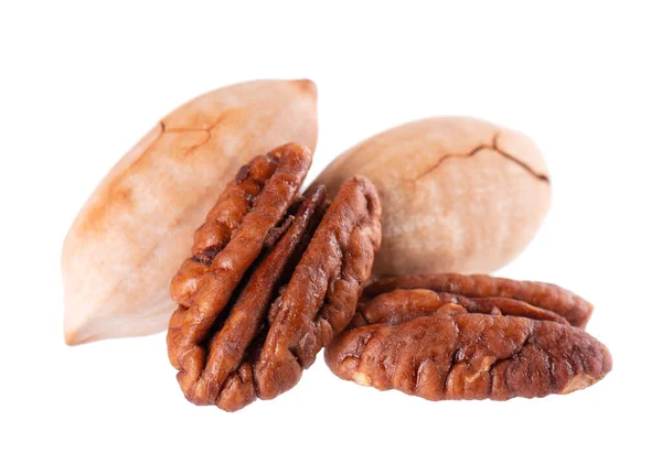 Pecan Nuts Isolated White Background Shelled Unshelled Pecan Clipping Path — Stock Photo, Image