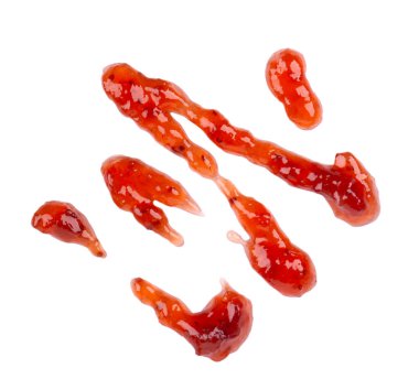 Çilek kalın reçel drizzle, beyaz arka plan üzerinde izole. Çilekli marmelat, sos, tepesi damlaları. Üstte görüntü