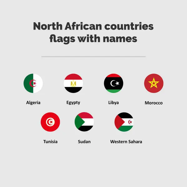 Kuzey Afrika Bayrak Çemberi Simge Kümesi, Mısır, Tunus, Cezayir, Libya, Batı Sahra ve Fas, vektör çizimi.