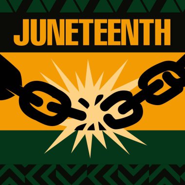 Kırık zincirler, Afrika renkleri ve özgürleşmeyi, eşitliği ve Afrikalı Amerikan gururunu sembolize eden cesur tasarım ile Haziran ayı özgürlük kutlamaları.