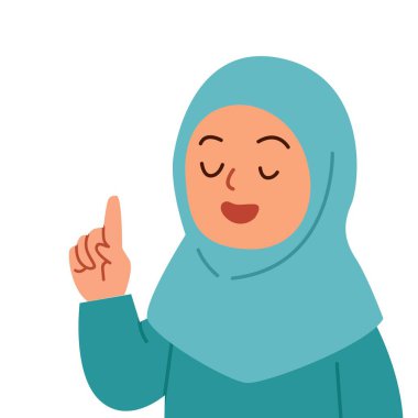 Mavi tesettürlü Müslüman bir kadın, sakin bir yüzle bir parmağını kaldırıyor, Shahada 'yı sembolize ediyor, tek bir Tanrı' ya inanıyor, İslam eğitimi, dini ve kimliği için uygun.