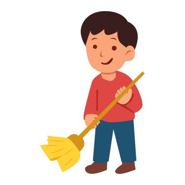 Süpürgeyle süpüren sevimli çocuk, temizliğe yardım eden okul veya ev temizliği, hijyen eğitimi ve angarya farkındalık için karikatür çizimi