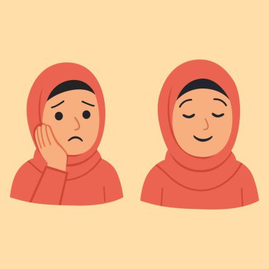 Tesettürlü İki Mutlu Müslüman Kız Gülen Çizgi Film Çocuk Vektör İllüstrasyonu