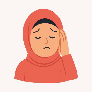 Hüzünlü Müslüman Kız İslami Karikatür Başı Tutuyor Ağrı veya Baş Ağrısı İfade Vektörü