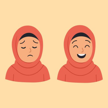 İki Müslüman Kız Başörtüsü Giyiyor Gülümseyen ve Tarafsız İslami Çocuk Vektörü İfadeleri