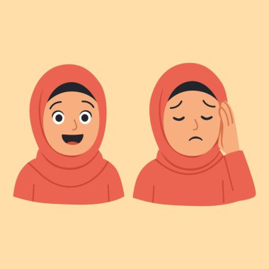 Tesettürlü İki Mutlu Müslüman Kız Gülen Çizgi Film Çocuk Vektör İllüstrasyonu