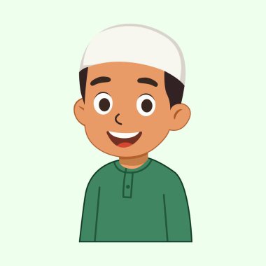 Müslüman Çocuk El Sallıyor ve Gülümseyen Şirin İslami Karakter Çizimi