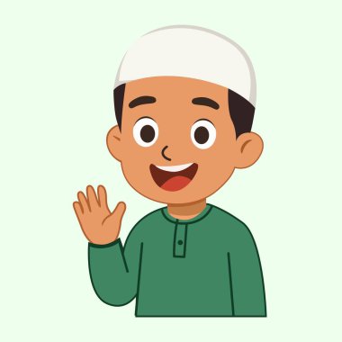 Müslüman Çocuk El Sallıyor ve Gülümseyen Şirin İslami Karakter Çizimi