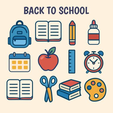 Okula geri dön. Kitaplar, elma, alarm saati, sırt çantası, kalem, cetvel ve not defteri, çocuk eğitimi ve okul tasarımı için mükemmel.