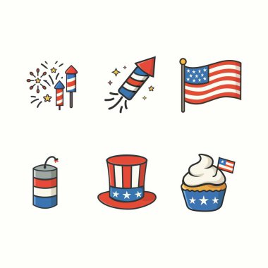 Amerikan bayrağı, havai fişekler, dondurma, şapka, soda kutusu ve bayram kutlaması için roket içeren 4 Temmuz simgelerinden oluşan bir vektör seti