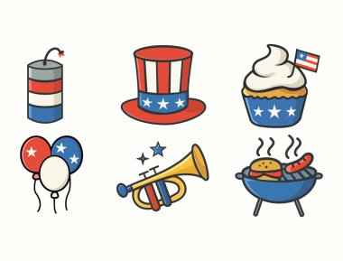 Balonlar, barbekü ızgarası, trompet, vatansever şapka, soda ve dondurma da dahil olmak üzere Bağımsızlık Günü elementleri.