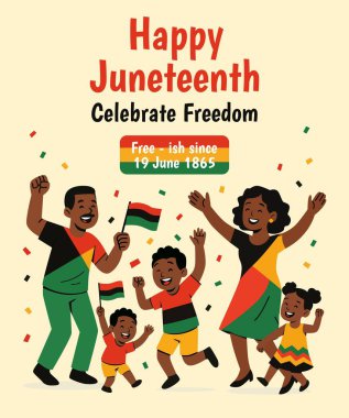 Afro-Amerikan Aile Dansı ve Afrika Bayrağı Tutulan Mutlu Haziran Posteri