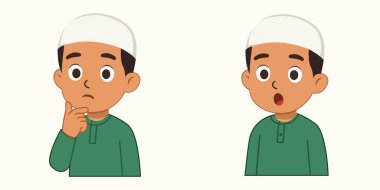 Müslüman çocuk çizgi filmi, dudakları parmaklı, yeşil kıyafetli, beyaz şapkalı, İslami çocuk resimli.