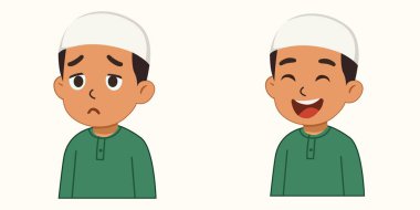 Üzgün Müslüman çocuk, somurtkan ve göz yaşları içinde yeşil elbiseler ve şapka giymiş, duygusal çizgi film karakteri.