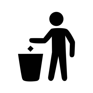 Çöp tenekesi ve çöp ikonu atan kişi, kamu temizliği ve çevre bilinci için atık bertaraf etme düz vektör sembolü