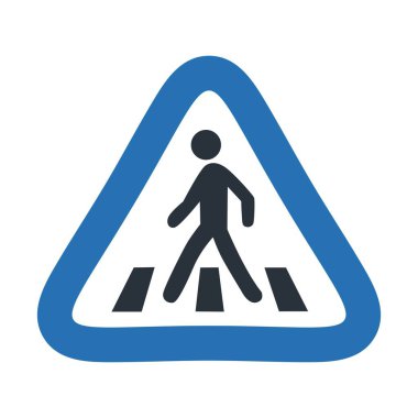 Mavi üçgen şeklinde yaya geçidi işaret simgesi, yaya geçidi ve güvenlik işareti için trafik uyarı sembolü, düz illüstrasyon