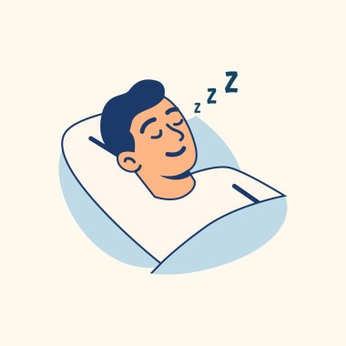 Huzurlu bir adam gözleri kapalı uyur. Kaliteli dinlenme, stres iyileşme, sakinlik, sağIık ve gece yarısı duygusal iyileşmeyi temsil eder.